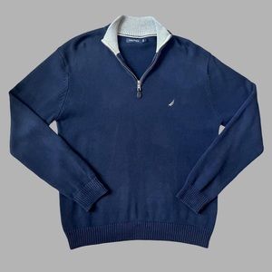 collared, quarter zip long sleeve navy knit sweater from nautica